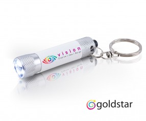 Goldstar McQueen Taschenlampe LED Schlüsselanhänger Werbegeschenk incl Inkjet Digitaldruck weiss LAK